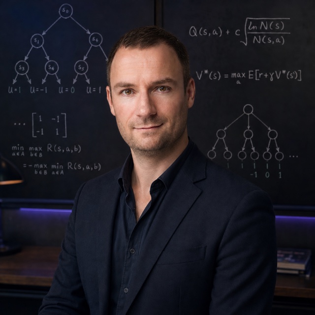 Lars Heppert vor Tafeln mit Formeln zu Baumsuche, Spieltheorie und Reinforcement Learning